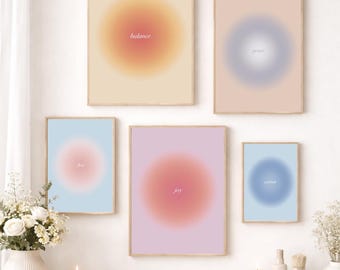 Conjunto de láminas minimalistas con palabras Aura: Equilibrio, Paz, Flujo, Alegría, Gratitud (Descarga digital)