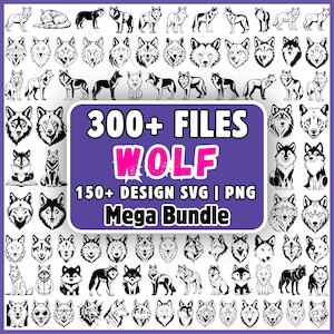 Op de afbeelding: Een digitale collectie van meer dan 300 zwart-wit wolfillustraties in SVG- en PNG-indeling. De centrale paarse rechthoekige afbeelding bevat de witte tekst 300+ FILES, de roze tekst WOLF en de tekst 150+ DESIGN SVG | PNG Mega Bundle.