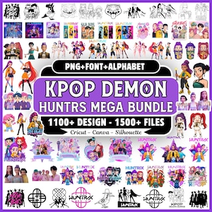 Może przedstawiać: Cyfrowa kolekcja projektów graficznych KPOP Demon Huntrs zawierająca różne postacie w stylu anime, logotypy i symbole. Centralny tekst brzmi PNG+FONT+ALPHABET KPOP DEMON HUNTRS MEGA BUNDLE 1100+ DESIGN - 1500+ FILES Cricut - Canva - Silhouette.