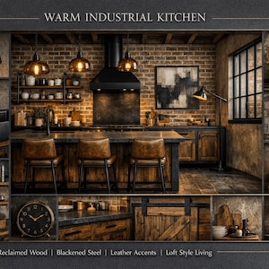 Puede incluir: Un collage que muestra un diseño de cocina industrial cálida. Incluye ladrillo visto, gabinetes de madera reciclada y detalles en metal negro. Taburetes de bar tapizados en cuero, lámparas colgantes y una campana extractora negra completan el look. La estética general es rústica y acogedora.