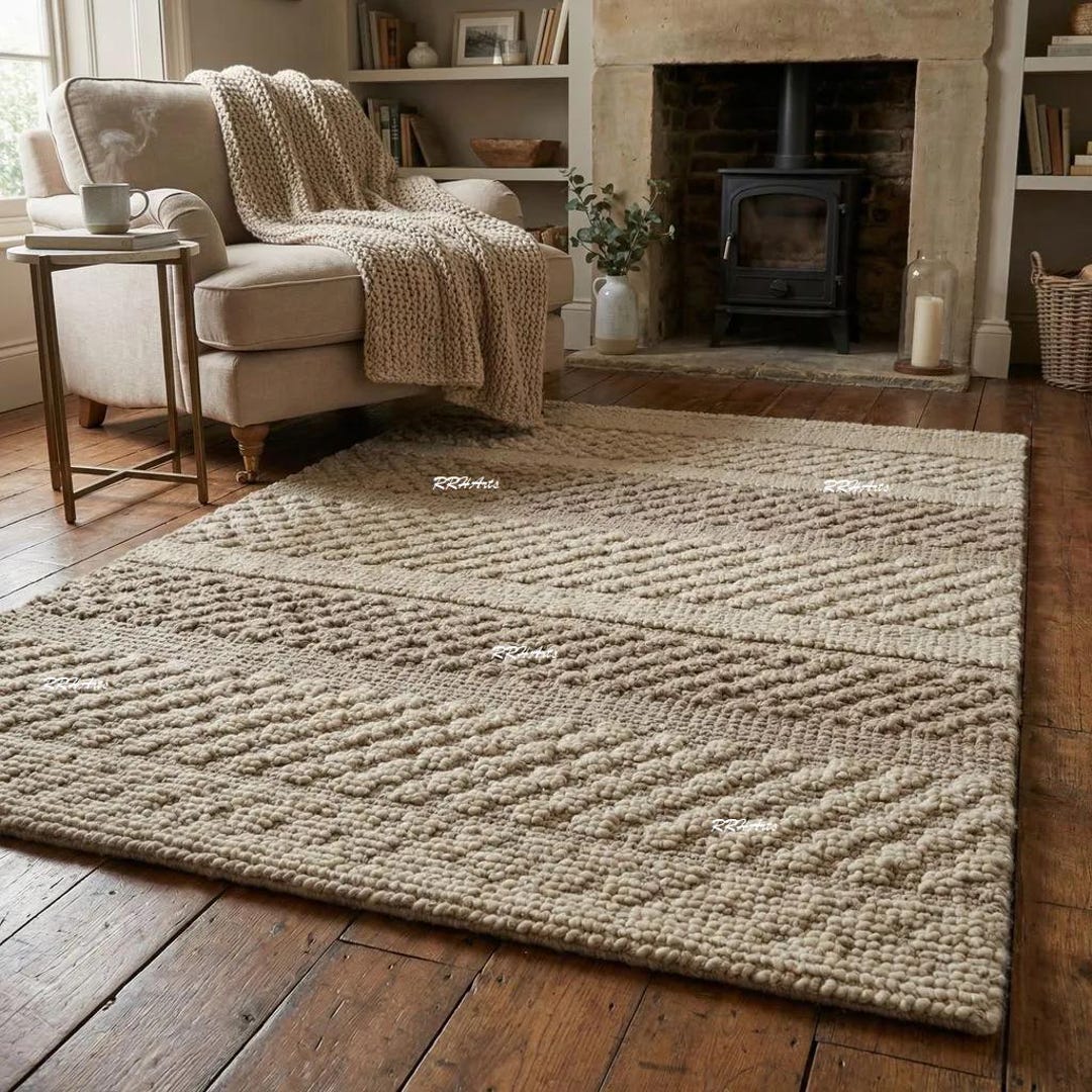 Modern Rustic Wool Area Rug – Chunky Woven Natural Carpet ...
