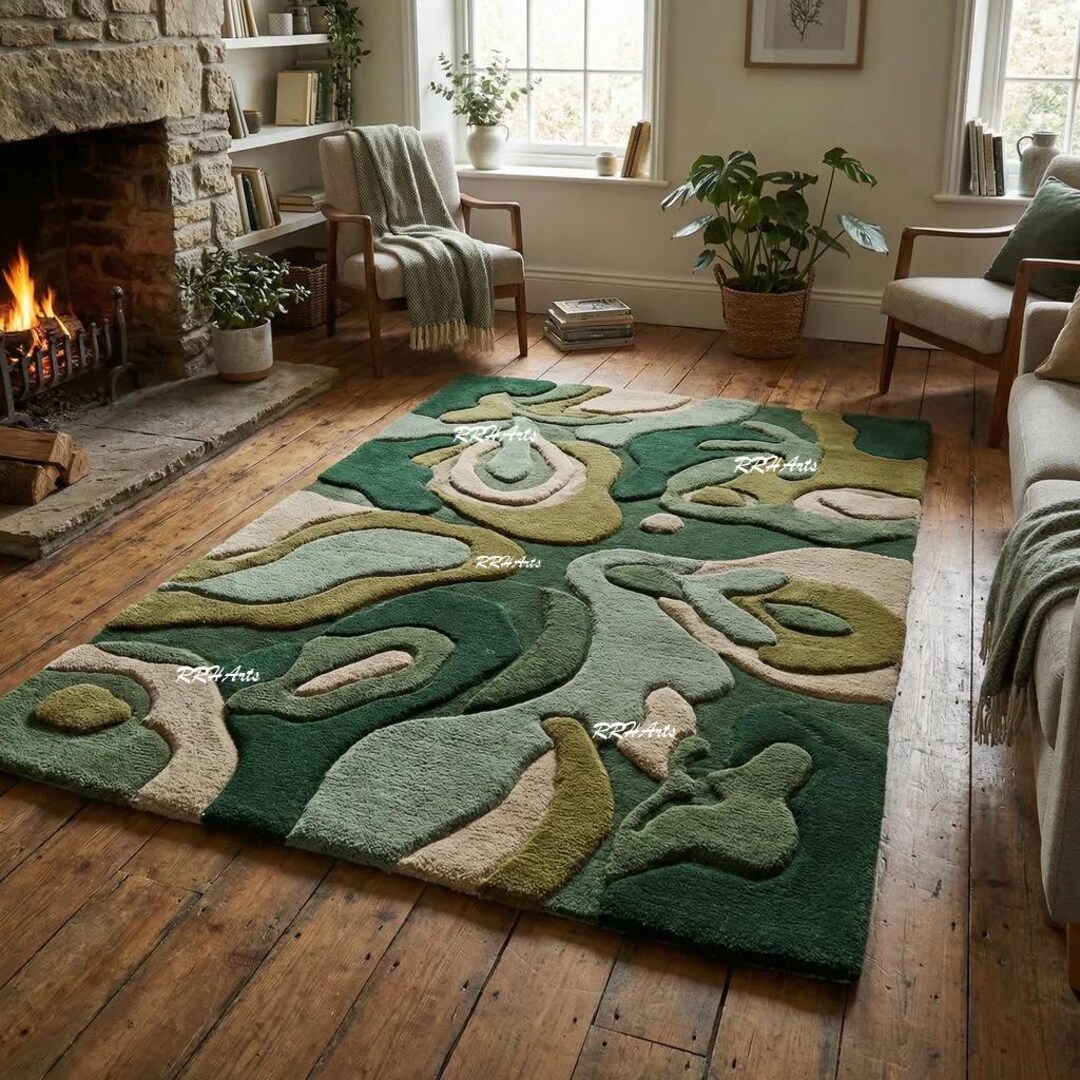 Earthy Rug Patterns Organic Shapes Modern Wool Rug in Earthy Green Tones| Contemporary ...