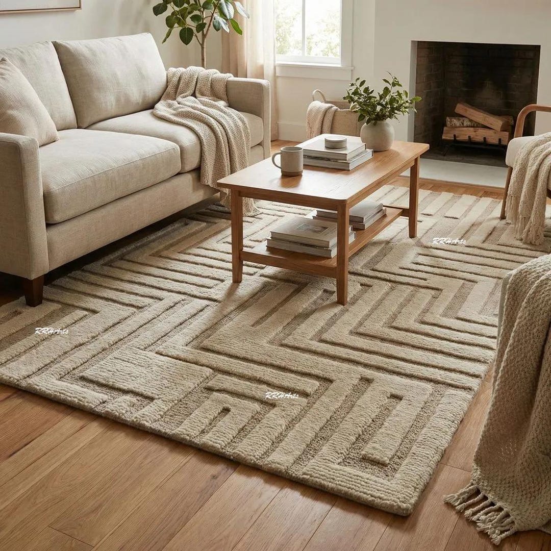 Soft Beige Textured Maze Pattern Contemporary Minimalist Hand-tufted ...