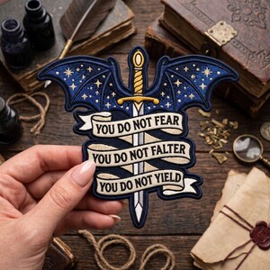 You Do Not Yield Embroidered Patch, Fantasy Bookish Sword and Dragon Wings Badge, Dark Academia Jacket Applique, Romantasy Reader Gift