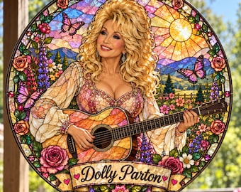 Dolly Parton Stained Glass Suncatcher, Tropical Floral Window Decor, Dolly Parton Butterfly Hanging Decor, Hibiscus Decoration Gift