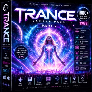 Può includere: Un pacchetto di campioni di musica digitale intitolato "Trance Sample Pack Part 2". La copertina presenta una donna con le braccia tese, circondata da un'aura luminosa, con un paesaggio urbano sottostante. Include oltre 1800 preset WAV e MIDI e 19 GB di file.