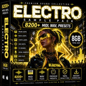 May include: A product box for an "ELECTRO" sample pack, featuring a woman with futuristic glasses and neon yellow accents. The box advertises 8200+ MIDI, WAV, and preset files, with a total size of 8GB. Includes drum loops, bass loops, synth loops, and more.