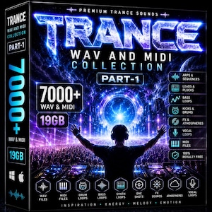 Puede incluir: Un paquete de software de música digital titulado "TRANCE WAV AND MIDI COLLECTION PART-1". La portada presenta un DJ con los brazos levantados, una multitud y un fondo de ciudad futurista. Incluye más de 7000 archivos WAV y MIDI, 19 GB y es libre de regalías.