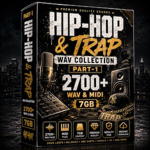 以下が含まれることがあります： 「Hip-Hop & Trap WAV Collection」を宣伝する、金色の文字とグラフィックが入った黒い箱。マイク、スピーカー、野球帽が描かれています。「2700+ WAV & MIDI」と「7GB」の文字が含まれています。