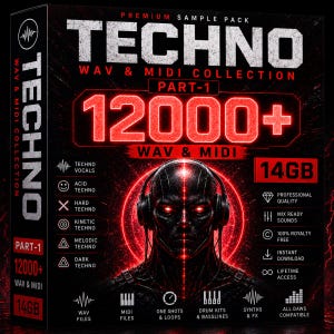 May include: A black box with the word "TECHNO" in large white letters. The box contains a WAV & MIDI collection with over 12000 sounds and 14GB of data. The image features a futuristic illustration of a person wearing headphones.