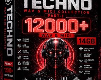 Könnte beinhalten: Schwarze Box mit dem Wort "TECHNO" in Weiß. Sie wirbt für eine WAV & MIDI-Sammlung, Teil 1, mit über 12000 Sounds und 14 GB Daten. Das Bild zeigt eine digitale Illustration einer Person mit Kopfhörern.