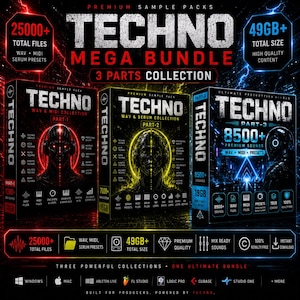 Könnte beinhalten: Werbebild für ein 'Techno Mega Bundle' Musikproduktionspaket. Das Design zeigt drei Produktboxen mit dem Wort 'Techno' prominent dargestellt. Die Boxen sind rot, gelb und blau, mit Text, der den Inhalt angibt, einschließlich WAV, MIDI und Serum-Presets.