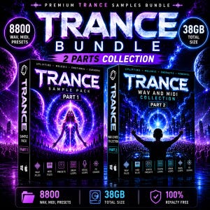 May include: A digital music bundle titled "TRANCE BUNDLE" with two parts, featuring a purple and blue design. The packaging includes the text "8800 WAV, MIDI, PRESETS" and "38GB TOTAL SIZE". The words "UPLIFTING, MELODIC, EMOTIONAL, EUPHORIC" are also visible.