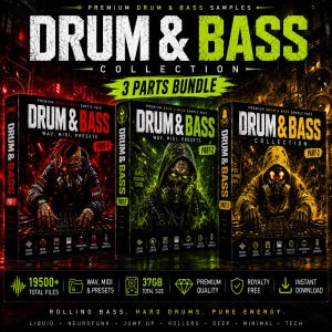 Op de afbeelding: Een driedelige bundel "Drum & Bass" sample packs. Elk pakket heeft een uniek ontwerp met figuren met gasmaskers. De tekst bevat "WAV, MIDI, PRESETS", "19500+ Totaal aantal bestanden" en "37GB Totale grootte".