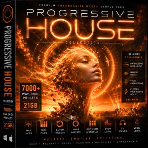 以下が含まれることがあります： 「Progressive House Collection」というタイトルのデジタル音楽サンプルパック。カバーには、オレンジ色の光に囲まれた女性の顔が描かれています。このパックには、7000以上のWAV、MIDIプリセットが含まれており、サイズは21GBです。5つのサブジャンルとさまざまなサウンドループが含まれています。