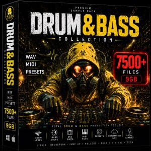 May include: A product box for a "Drum & Bass Collection" sample pack. The cover features a person in a yellow hazmat suit and gas mask, with the text "DRUM & BASS" in large, bold letters. Includes 7500+ files and 9GB of data.
