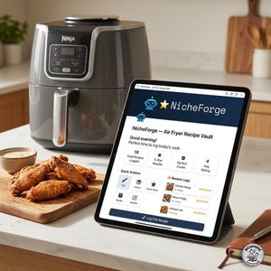 May include: A gray Ninja air fryer with a digital display and silver handle sits next to a tablet displaying the "NicheForge - Air Fryer Recipe Vault" app. A wooden cutting board holds cooked chicken wings. A small bowl of sauce is also present.
