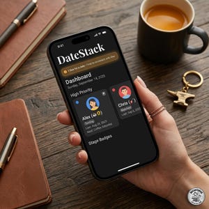 May include: A smartphone screen shows the "DateStack" app dashboard, highlighting a date with Alex. A coffee cup and a gold anvil keyring are on a wooden surface. A notebook and pen are also visible.