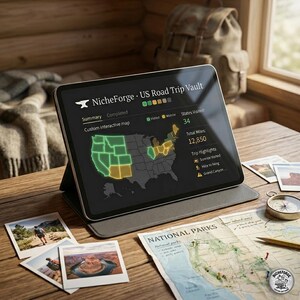 May include: A tablet showing a "NicheForge US Road Trip Vault" map, highlighting states visited on a US road trip. The tablet is on a wooden table with photos, a compass, and a map. Total miles: 20,680 km.