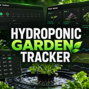 May include: A digital hydroponic garden tracker interface featuring dark panels with green accents. The display shows a growth stage tracker, a plant roster with images, a nutrient solution log with dates, EC, pH, and temperature, and data graphs.