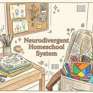 May include: A hand-drawn illustration titled Neurodivergent Homeschool System featuring a wooden desk with an abacus, paintbrushes, a magnifying glass, stones, and books. A basket contains colorful markers, a tangram puzzle, and plush toys.