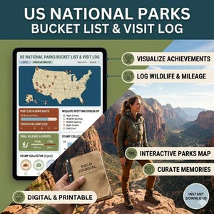 May include: Digital US National Parks Bucket List & Visit Log. The image shows a tablet displaying a map of the US with park locations, a woman hiking, and a field journal. Text includes "Visualize Achievements," "Log Wildlife & Mileage," and "Interactive Parks Map."