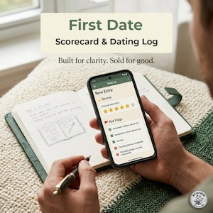 May include: A person holding a smartphone displaying a "First Date Scorecard & Dating Log" app. The app shows a new entry with scores and red flags. A notebook and pen are also visible, suggesting note-taking.