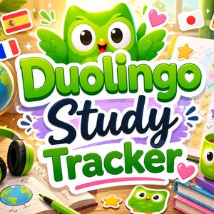 以下が含まれることがあります： 言語学習を促進する鮮やかな画像。Duolingoのフクロウのマスコットが特徴です。デザインには地球儀、ヘッドフォン、ノート、さまざまな国旗が含まれています。「Duolingo Study Tracker」のテキストが緑と白で目立って表示されています。