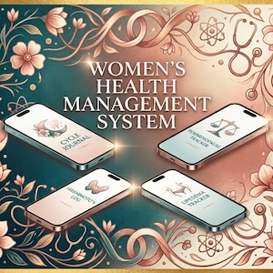 Puede incluir: Un sistema de gestión de salud digital en cuatro teléfonos inteligentes, con el texto WOMEN'S HEALTH MANAGEMENT SYSTEM. Las pantallas muestran iconos y etiquetas para CYCLE JOURNAL, PERIMENOPAUSE TRACKER, HASHIMOTO'S LOG y LIPEDEMA TRACKER.