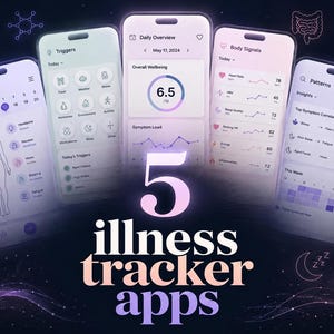 May include: Five smartphones displaying health tracking app interfaces. The apps show data visualizations, including symptom tracking, daily overviews, body signals, and pattern analysis. The text "illness tracker apps" is displayed in the centre.