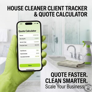 Op de afbeelding: Een smartphone toont een offertecalculator-app met velden voor kamers, grootte en prijs. De telefoon wordt vastgehouden door een gehandschoende hand in een badkamer. Bovenin staat de tekst "HOUSE CLEANER CLIENT TRACKER & QUOTE CALCULATOR."