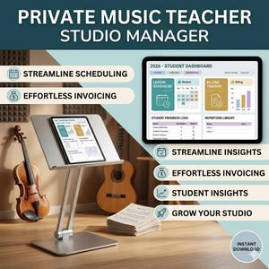 May include: Image promoting a private music teacher studio manager. The image features a tablet on a silver music stand, a violin, and a guitar. Text includes "Streamline Scheduling," "Effortless Invoicing," and "Instant Download."