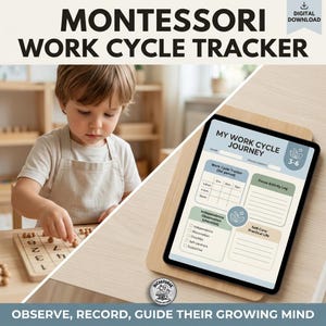 Puede incluir: Una plantilla digital de seguimiento de ciclo de trabajo Montessori mostrada en la pantalla de una tableta. El documento incluye secciones tituladas My Work Cycle Journey, Work Cycle Tracker, Focus Activity Log, Independence Observation y Self-Care.