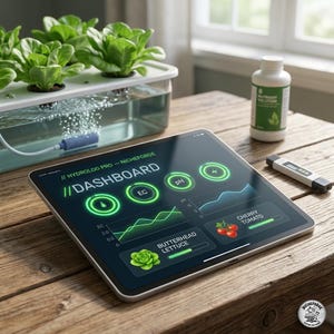 Puede incluir: Un sistema hidropónico interior con lechuga en crecimiento, una tableta digital que muestra datos del panel y una botella de solución nutritiva. La tableta muestra lecturas de los niveles de CE y pH, y tiene el texto "HYDROLOG PRO - NICHEFORGE // DASHBOARD".
