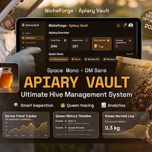 Puede incluir: Interfaz digital para apicultura, mostrando datos y análisis de colmenas. La pantalla muestra "Apiary Vault" con recuentos de colmenas, inspecciones y cosecha de miel. La imagen incluye un tarro de miel y el texto "Ultimate Hive Management System."