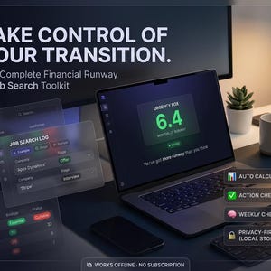 May include: A digital financial runway and job search toolkit displayed on a laptop screen. The interface features an urgency box showing 6.4 months of runway, a job search log, and expense audit tables. Text includes TAKE CONTROL OF YOUR TRANSITION.