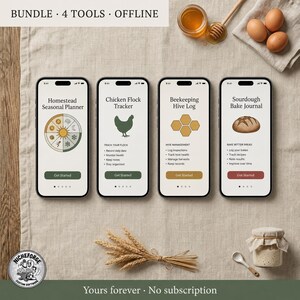 Könnte beinhalten: Das Bild zeigt vier Smartphone-Bildschirme mit digitalen Tools: einen saisonalen Planer, einen Hühnerherden-Tracker, ein Bienenstock-Protokoll und ein Sauerteig-Backjournal. Weizen, Honig, Eier und ein Starterglas sind ebenfalls abgebildet. Der Text lautet "BUNDLE 4 TOOLS OFFLINE."
