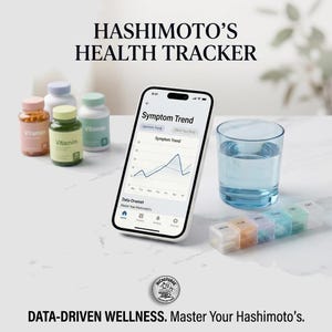 Puede incluir: Un iPhone muestra un gráfico de tendencias de síntomas, junto a un vaso de agua, un pastillero semanal y varias botellas de vitaminas. El texto dice "HASHIMOTO'S HEALTH TRACKER" y "DATA-DRIVEN WELLNESS. Master Your Hashimoto's."