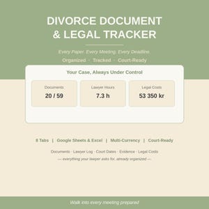 May include: A digital document and legal tracker with the title "DIVORCE DOCUMENT & LEGAL TRACKER". The tracker displays information on documents, lawyer hours, and legal costs. The text includes "Every Paper. Every Meeting. Every Deadline."