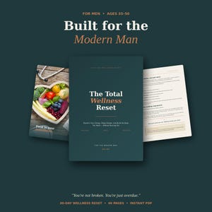 Op de afbeelding: Een turquoise boekcover met de titel "The Total Wellness Reset" en de slogan "Built for the Modern Man". De afbeelding bevat een hartvormige kom met voedsel en een pagina met tekst. De tekst luidt "30-DAY WELLNESS RESET".