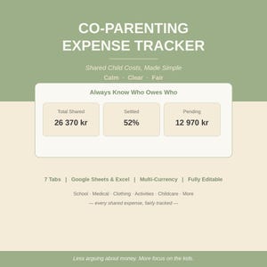 Rastreador de gastos de crianza compartida en Google Sheets y Excel, hoja de cálculo de costos de custodia compartida de menores, rastreador de manutención infantil, planificador familiar Sage