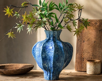 Pleated Blue Ceramic Vase Wabi Sabi Style, Handcrafted Vase for Floral Arrangements Modern Home Decor for Entryway & Living Room, Home Gift