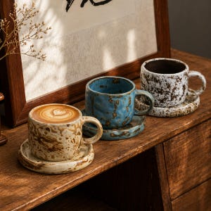 Puede incluir: Tres tazas de café de cerámica con platillos a juego sobre una superficie de madera. Una taza contiene café con arte latte. Las tazas son de color beige, azul y blanco con un acabado texturizado y rústico. Las tazas tienen asas.