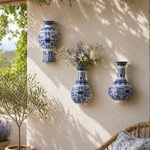 Può includere: Tre vasi da parete in porcellana blu e bianca con motivi floreali sono montati su un muro bianco strutturato. Un vaso contiene un bouquet di fiori bianchi e viola. I vasi sono in un ambiente esterno soleggiato.
