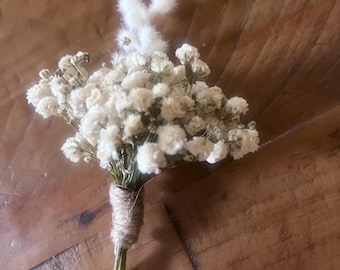 Handmade Boho Dried Flower Buttonhole, Baby's Breath and Bunny Tales