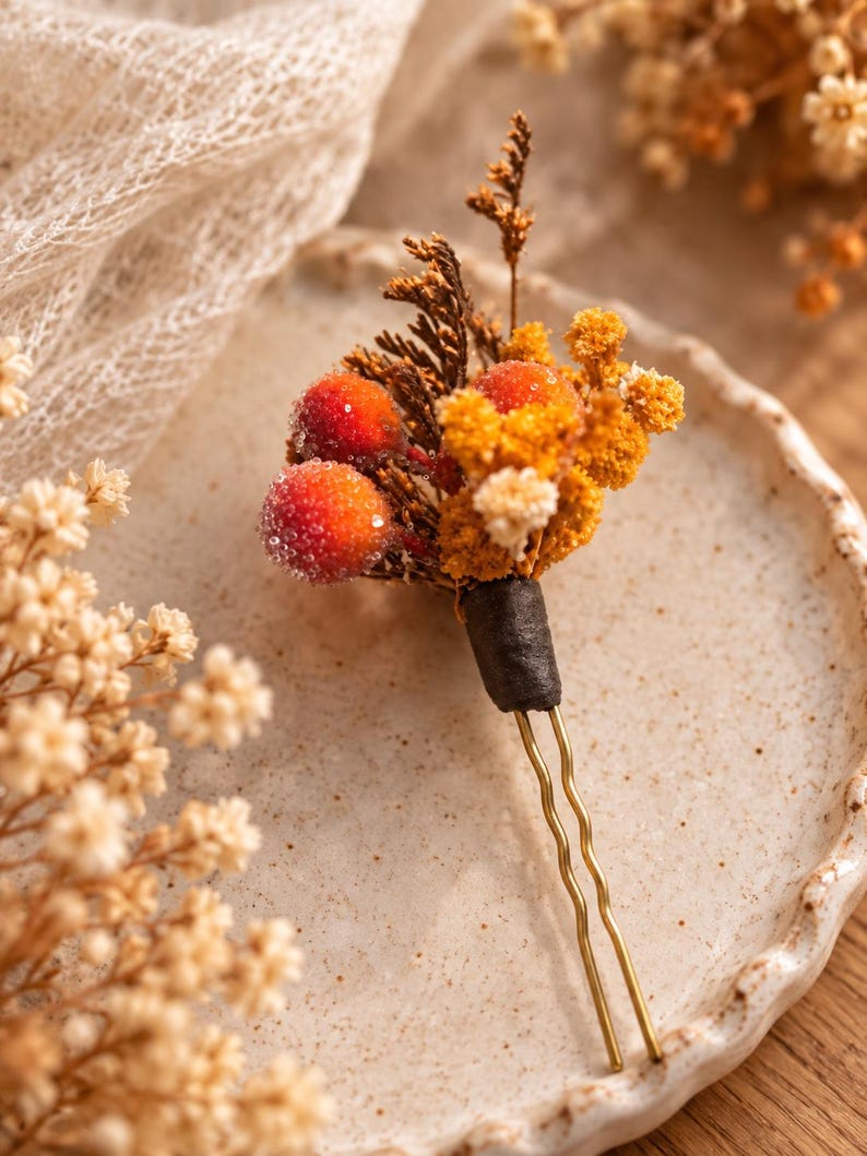 Floral Rustic Pin Handmade Autumn Floral Hair Pin | Orange Berries, Golden Florals ...