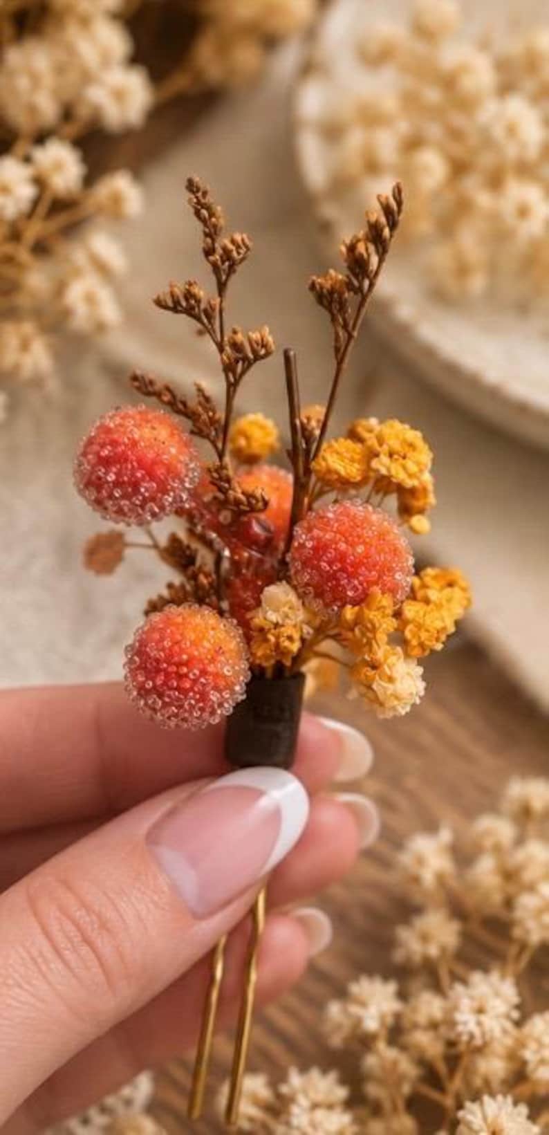 Floral Rustic Pin Handmade Autumn Floral Hair Pin | Orange Berries, Golden Florals ...
