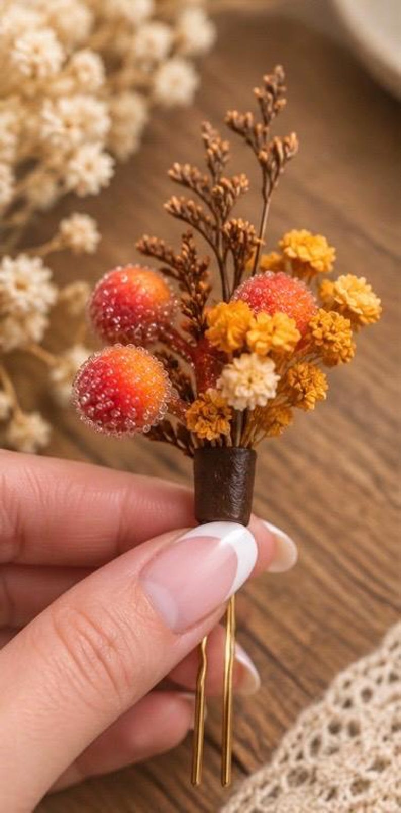 Floral Rustic Pin Handmade Autumn Floral Hair Pin | Orange Berries, Golden Florals ...