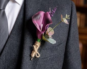 Deep Purple Calla Lily Boutonniere Eucalyptus Buttonhole