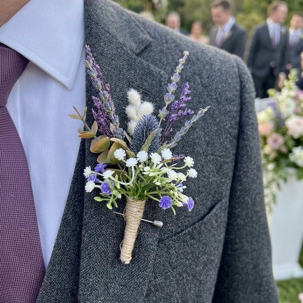Scottish Thistle Buttonhole, Rustic Wedding Boutonniere, Faux Flower Lapel Pin UK